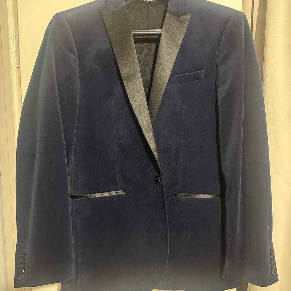 Express Midnight Blue Tuxedo Jacket with Black Accents